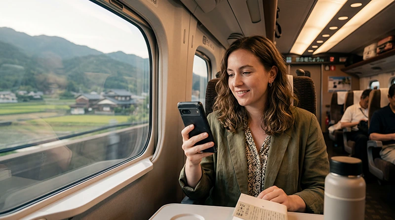 Traveler using reliable mobile internet while traveling across Japan.