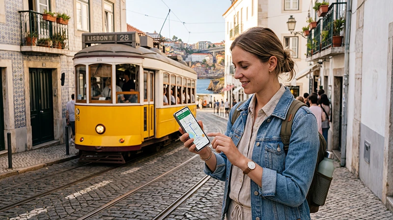 Tourist using the best internet option in Portugal with eSIM mobile data