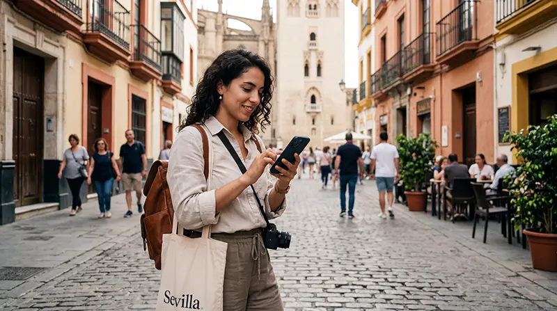 Traveler using mobile internet and eSIM while traveling in Spain