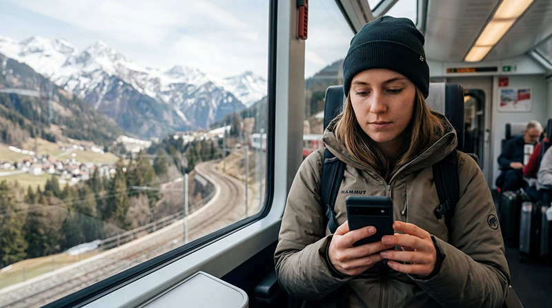 Traveler using eSIM mobile internet while traveling across Switzerland.