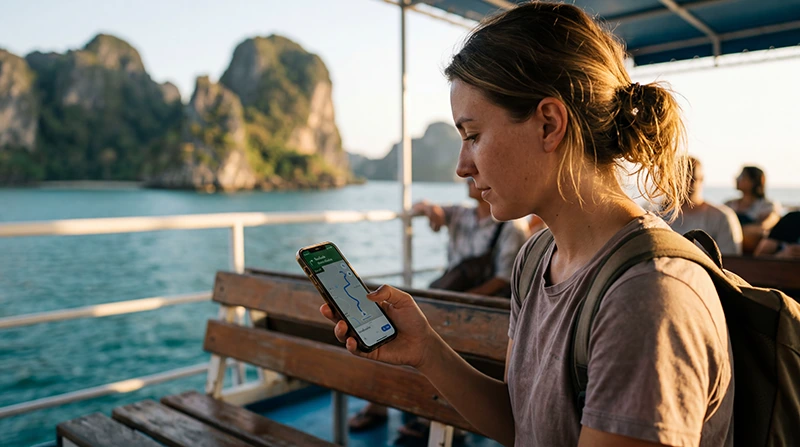 Traveler using the best internet option in Thailand with a Thailand eSIM for maps, travel apps, transportation, and mobile connectivity.