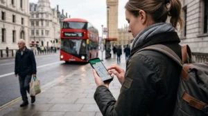 Traveler using mobile internet and navigation apps while exploring the United Kingdom.