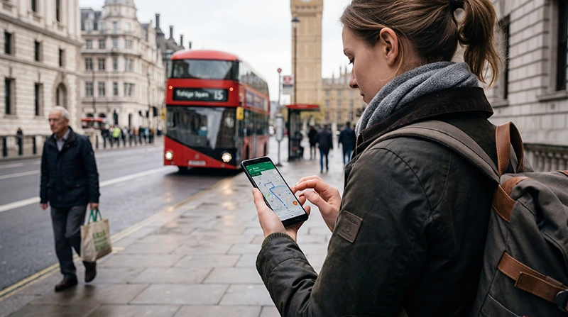 Traveler using mobile internet and navigation apps while exploring the United Kingdom.