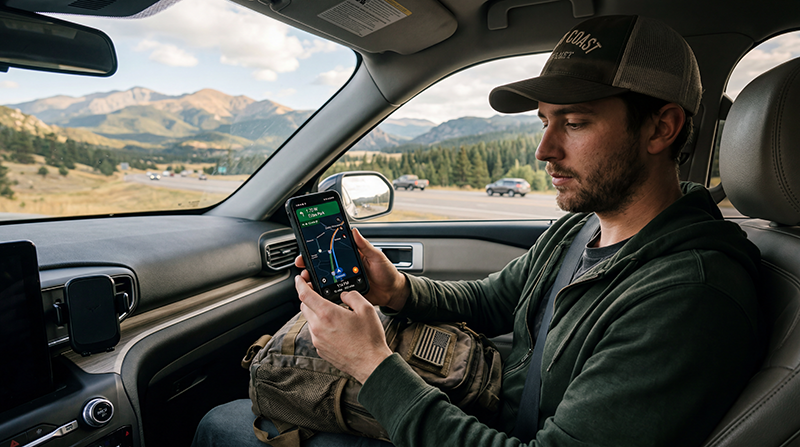 Traveler using the best internet option for mobile data and navigation while visiting the United States.