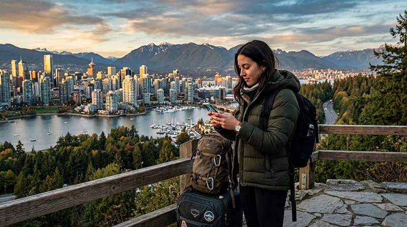 Traveler using mobile data in Canada with smartphone during city and nature travel