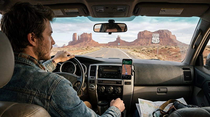 Traveler using mobile data and navigation during a cross-country road trip across the United States.