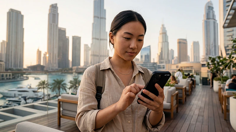 Traveler using mobile data in Dubai with smartphone and UAE eSIM near the Burj Khalifa skyline.