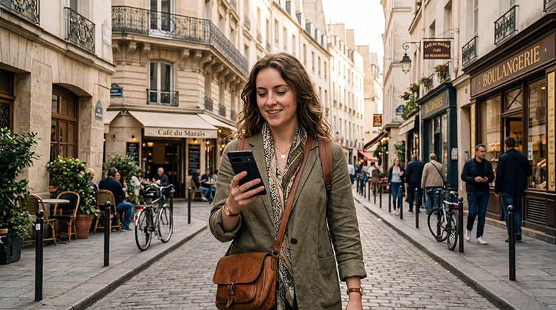 Traveler using mobile data and France eSIM while exploring France