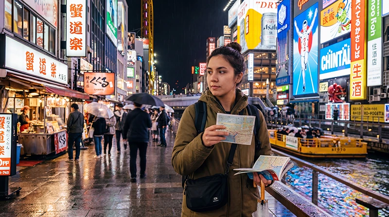 Traveler using mobile data and internet apps while traveling across Japan.
