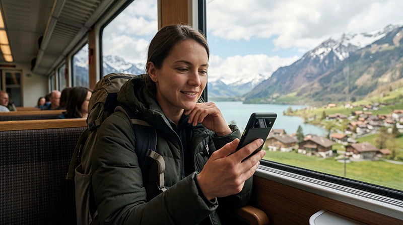 Traveler using fast mobile data and eSIM internet while traveling across Switzerland.
