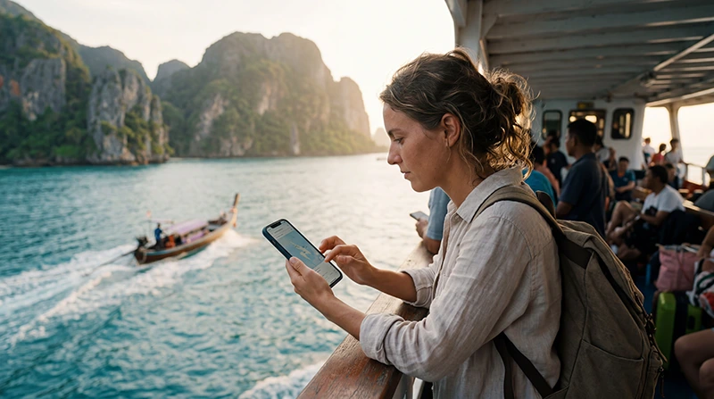 Traveler using mobile data in Thailand with a Thailand eSIM for maps, ferries, hotel bookings, and travel apps.