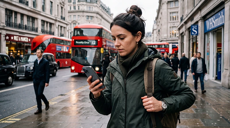Traveler using mobile data and navigation apps while traveling across the United Kingdom.
