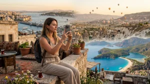 Traveler using mobile data while exploring Turkey.