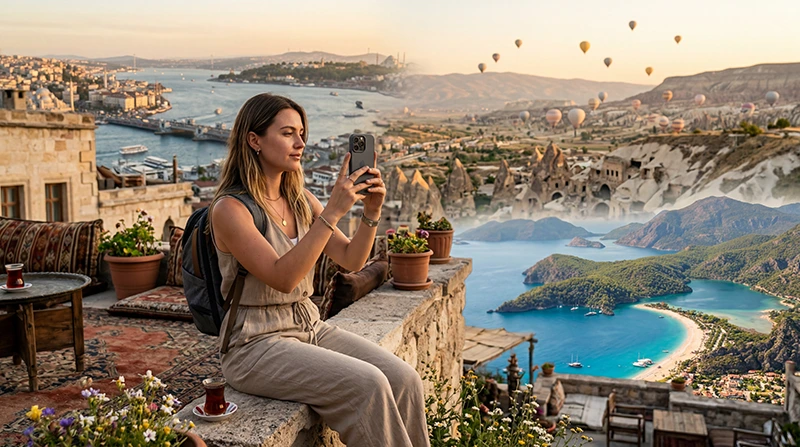 Traveler using mobile data while exploring Turkey.