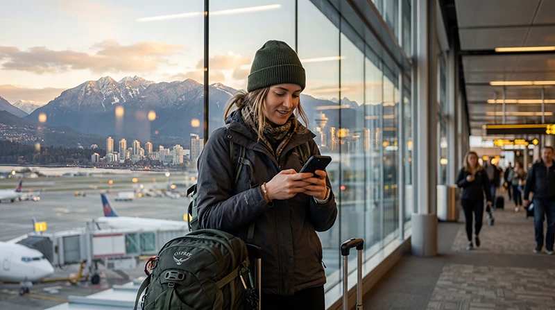 Tourist using mobile network and eSIM internet in Canada with smartphone during travel