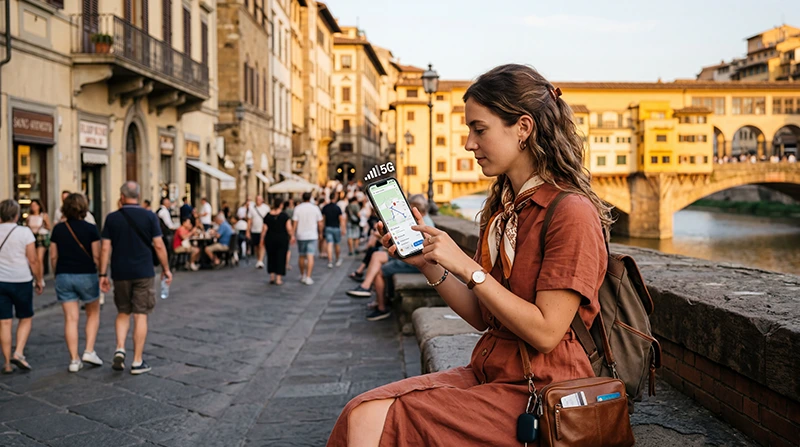 Tourist using mobile network and eSIM internet in Italy