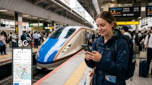 Traveler using reliable mobile internet and eSIM network while traveling in Japan.
