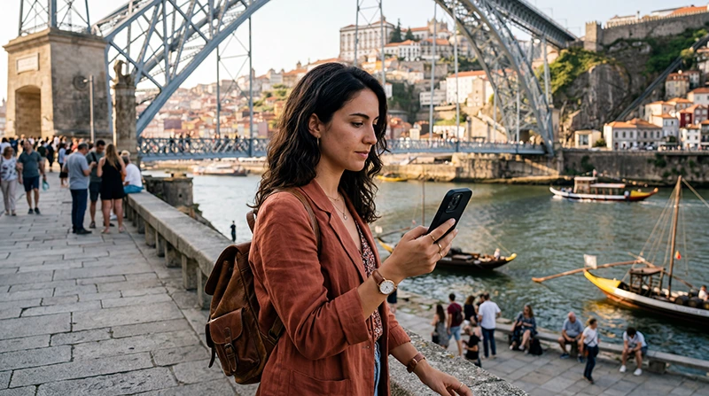Tourist using Portugal mobile network and eSIM while traveling across Portugal