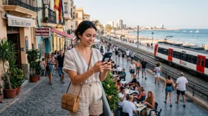 Tourist using mobile internet and eSIM on the best network in Spain