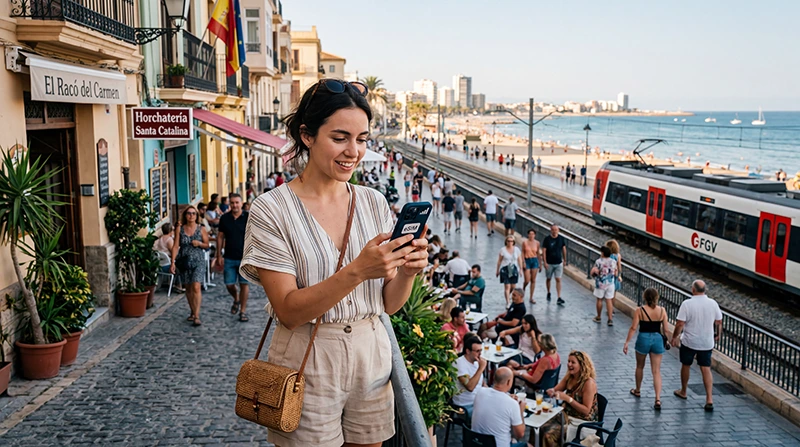 Tourist using mobile internet and eSIM on the best network in Spain