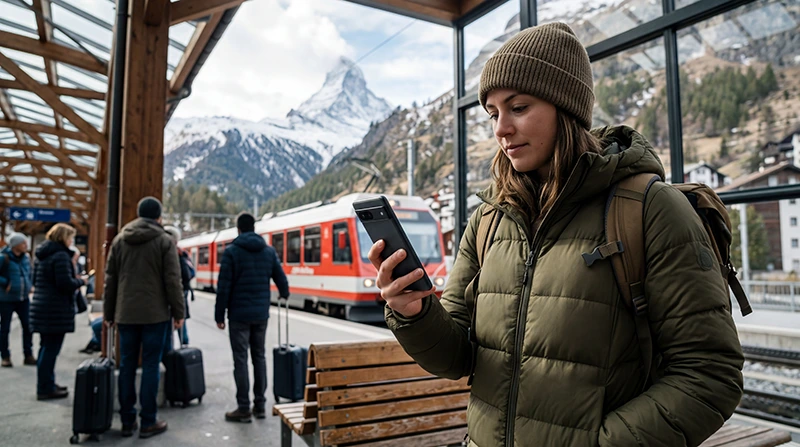 Tourist using mobile internet and eSIM on the best network in Switzerland.