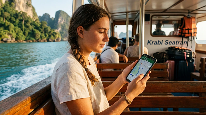 Traveler using the best mobile network in Thailand for tourists with a Thailand eSIM for maps, travel apps, streaming, and mobile internet.