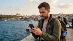 Traveler checking mobile network coverage and internet signal in Turkey.
