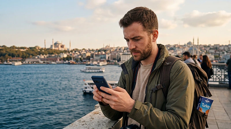 Traveler checking mobile network coverage and internet signal in Turkey.