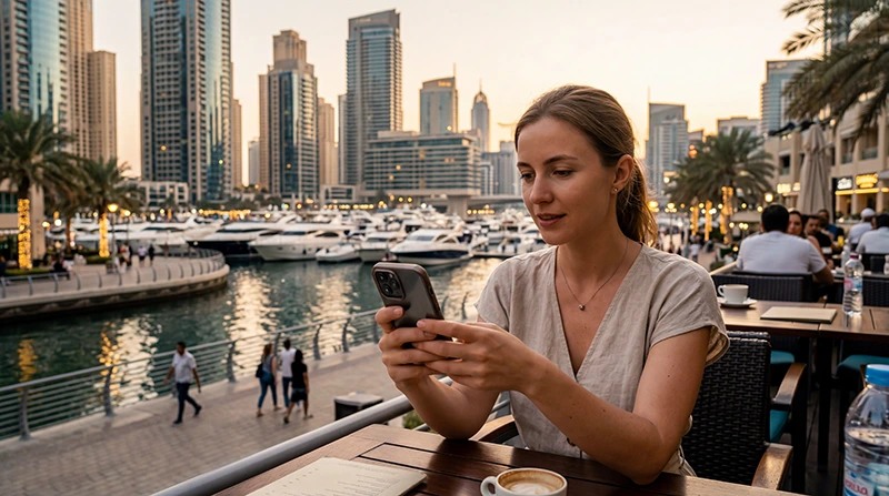 Tourist using mobile internet in the UAE with smartphone and Dubai skyline in the background.