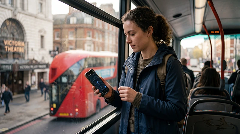 Traveler using mobile internet and navigation apps while traveling across the United Kingdom.