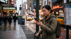 Traveler using mobile internet and navigation on the best network for tourists while visiting the USA.