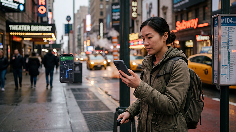 Traveler using mobile internet and navigation on the best network for tourists while visiting the USA.