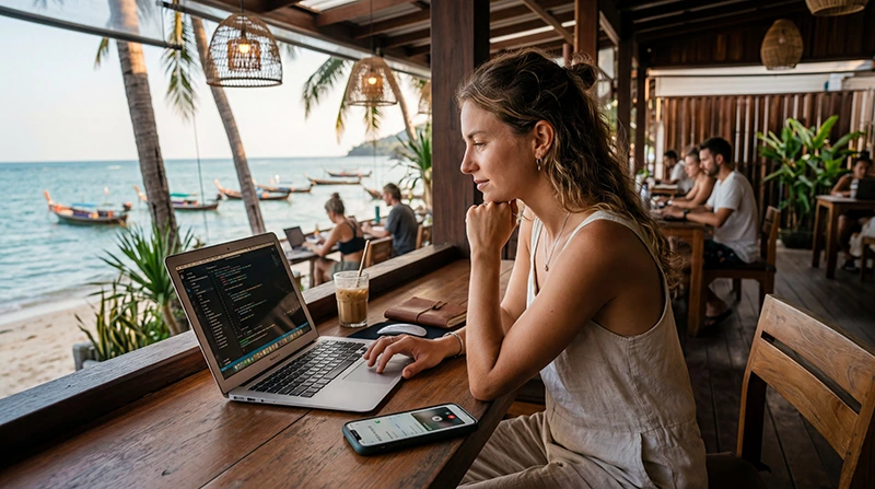 Digital nomad in Thailand using mobile internet and a Thailand eSIM while working remotely from a café with hotspot and laptop connectivity.