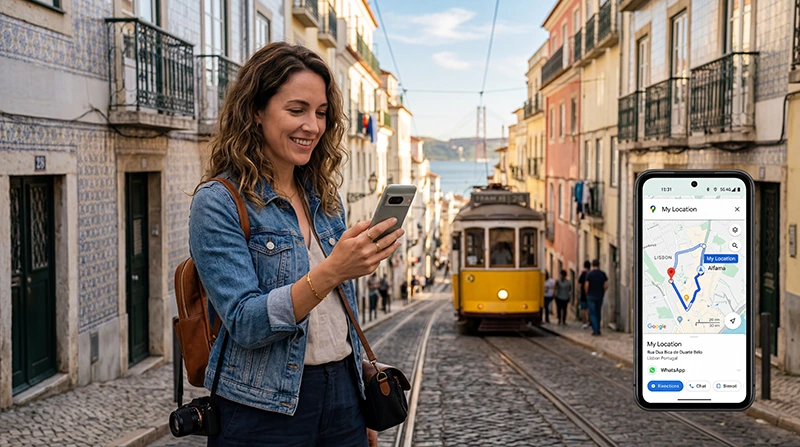 Traveler using Portugal eSIM as a pocket WiFi alternative while exploring Portugal