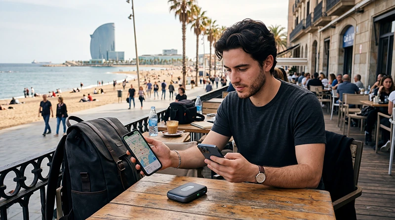 Traveler using eSIM as a pocket WiFi alternative in Spain