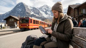 Traveler using eSIM mobile internet instead of pocket WiFi while traveling in Switzerland.