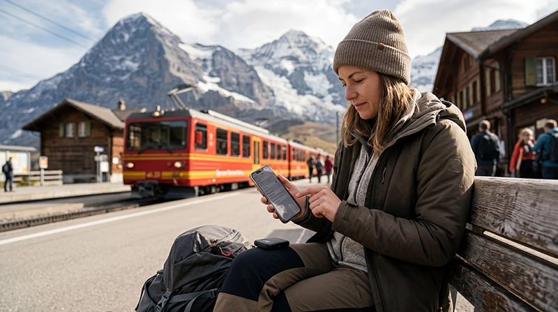 Traveler using eSIM mobile internet instead of pocket WiFi while traveling in Switzerland.