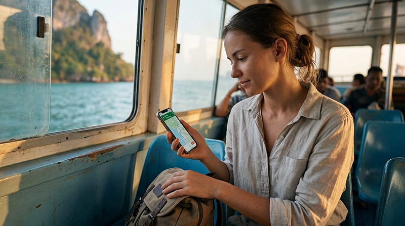 Traveler using a Thailand eSIM instead of pocket WiFi for mobile internet, hotspot, maps, and travel apps in Thailand.