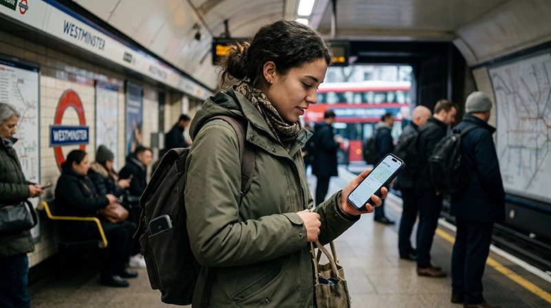 Traveler using a UK eSIM instead of pocket WiFi while traveling across the United Kingdom.
