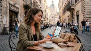 Traveler comparing SIM card and eSIM options for Italy travel