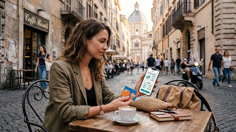 Traveler comparing SIM card and eSIM options for Italy travel