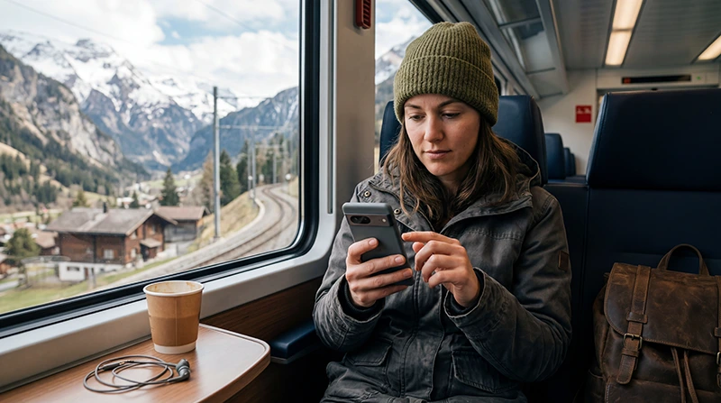 Traveler using unlimited data eSIM internet on a smartphone while traveling through Switzerland.