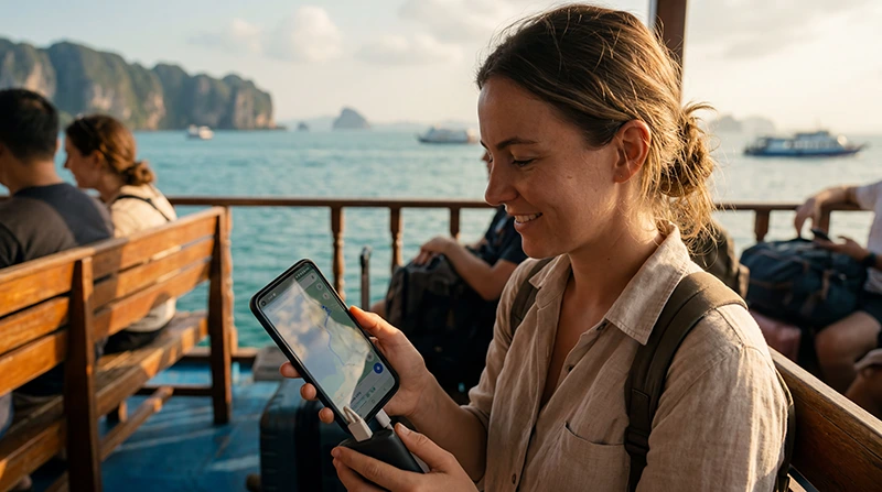 Traveler using the best unlimited Thailand eSIM for mobile internet, maps, streaming, hotspot, and travel apps across Thailand.