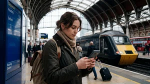 Traveler using an unlimited UK eSIM for streaming, navigation, and mobile internet while traveling in the United Kingdom.