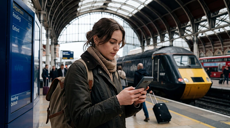 Traveler using an unlimited UK eSIM for streaming, navigation, and mobile internet while traveling in the United Kingdom.