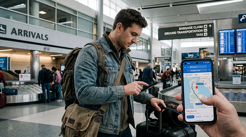 Traveler using the best unlimited eSIM for mobile data, hotspot, navigation, and travel apps while visiting the USA.