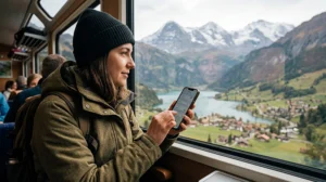Traveler using eSIM mobile internet to avoid roaming charges while traveling in Switzerland.