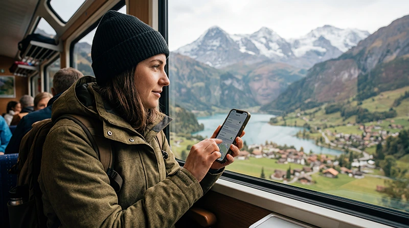 Traveler using eSIM mobile internet to avoid roaming charges while traveling in Switzerland.