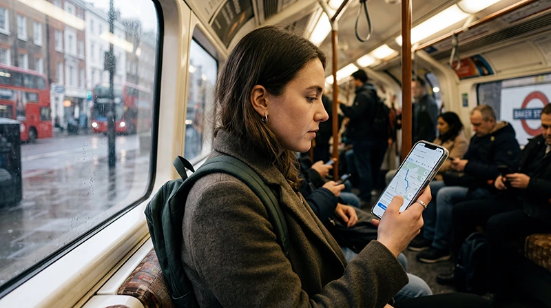 Traveler using a UK eSIM and mobile internet to avoid roaming charges while visiting the United Kingdom.