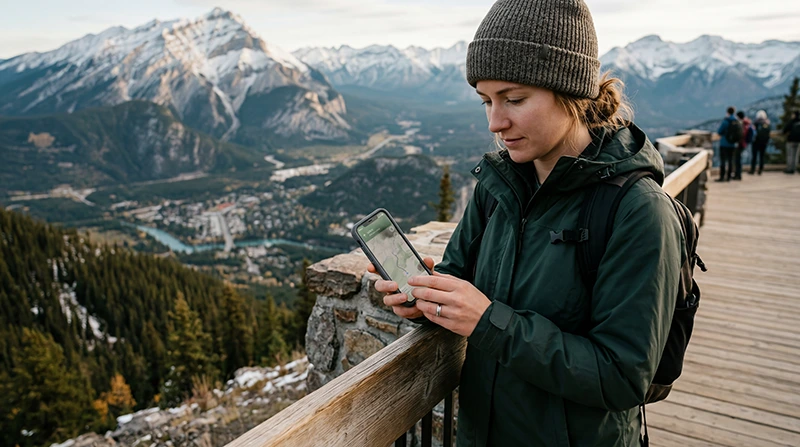 Traveler using mobile internet and eSIM connectivity while traveling in Canada.
